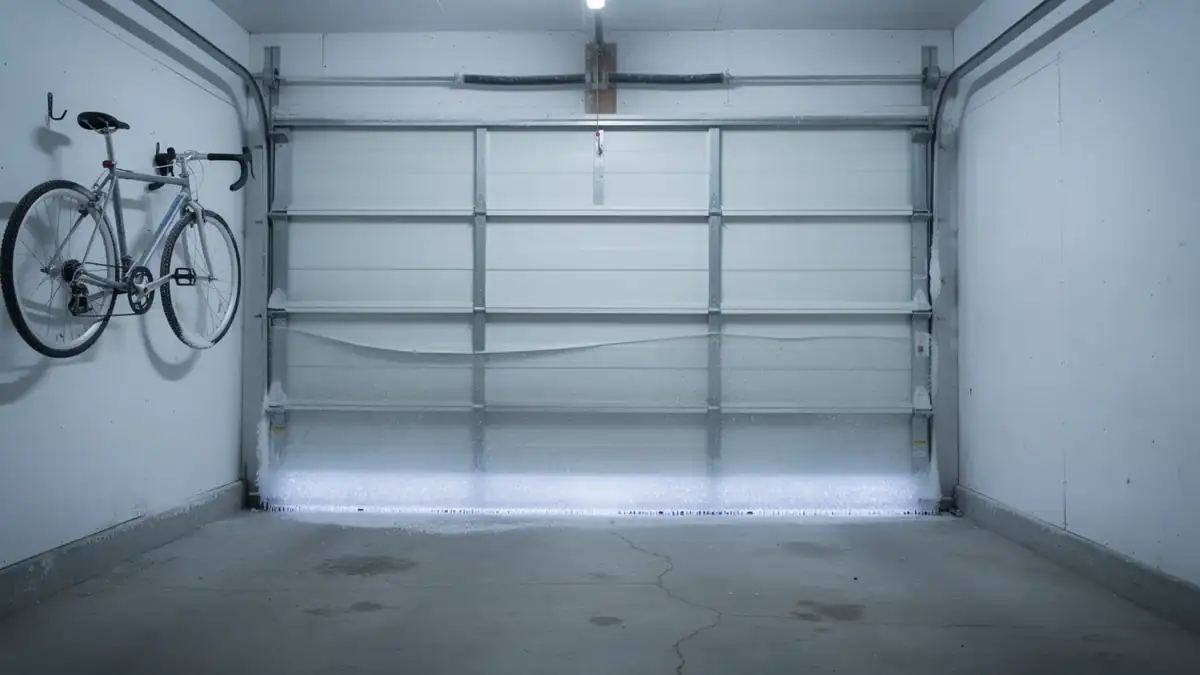 The white garage door is covered in ice and frost, with a bicycle hanging on the left wall.