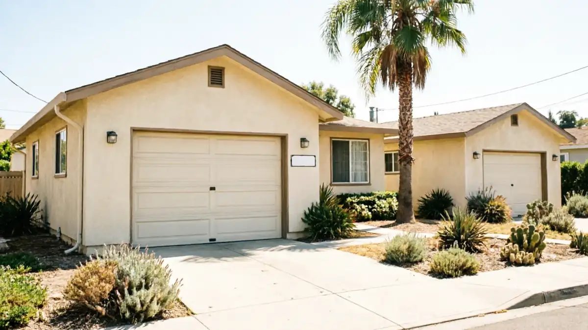 A beige house has two garage doors and a palm tree in the front yard.