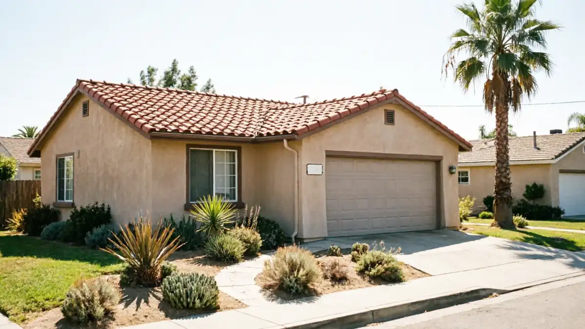 A beige house with a brown garage door and a red tile roof.