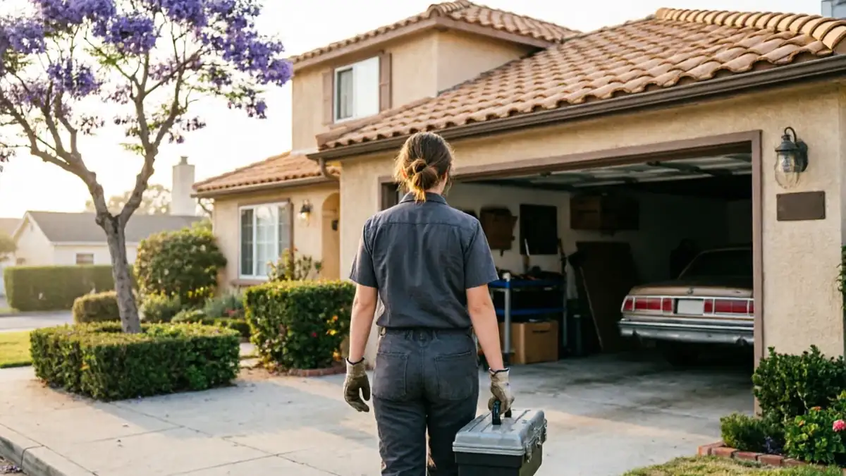 A technician in a gray uniform carries a toolbox toward a house with an open garage.
