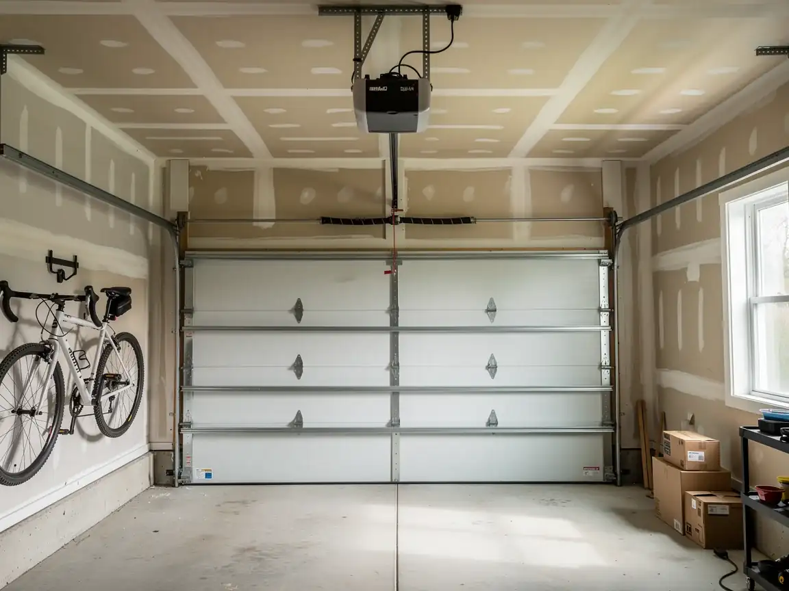 A white garage door is closed in a garage with a bicycle on the wall.
