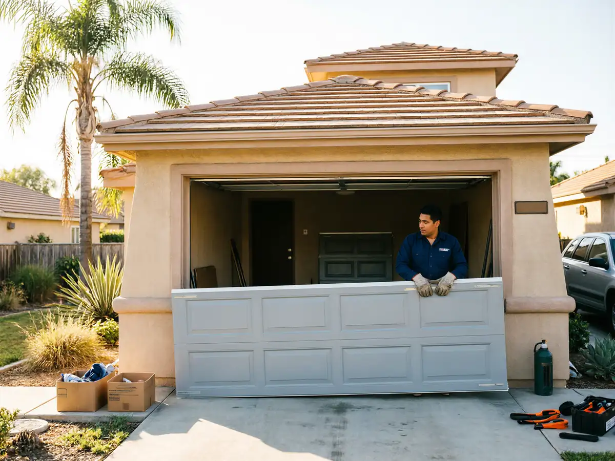 A technician is installing a gray garage door panel into a garage opening.