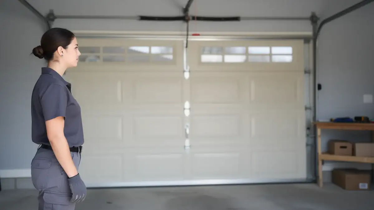A technician stands in a garage facing a closed white garage door.