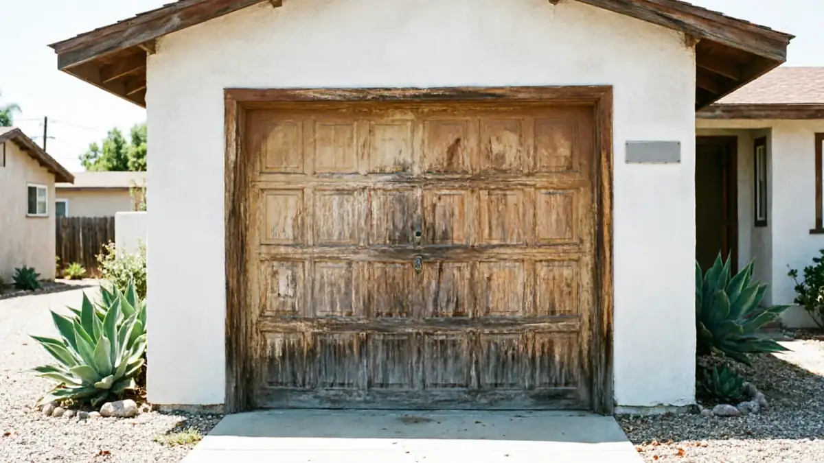 A weathered wooden garage door with peeling paint on a white stucco house.
