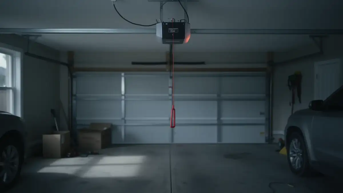 A garage door opener with a red emergency release cord hangs above a closed garage door.