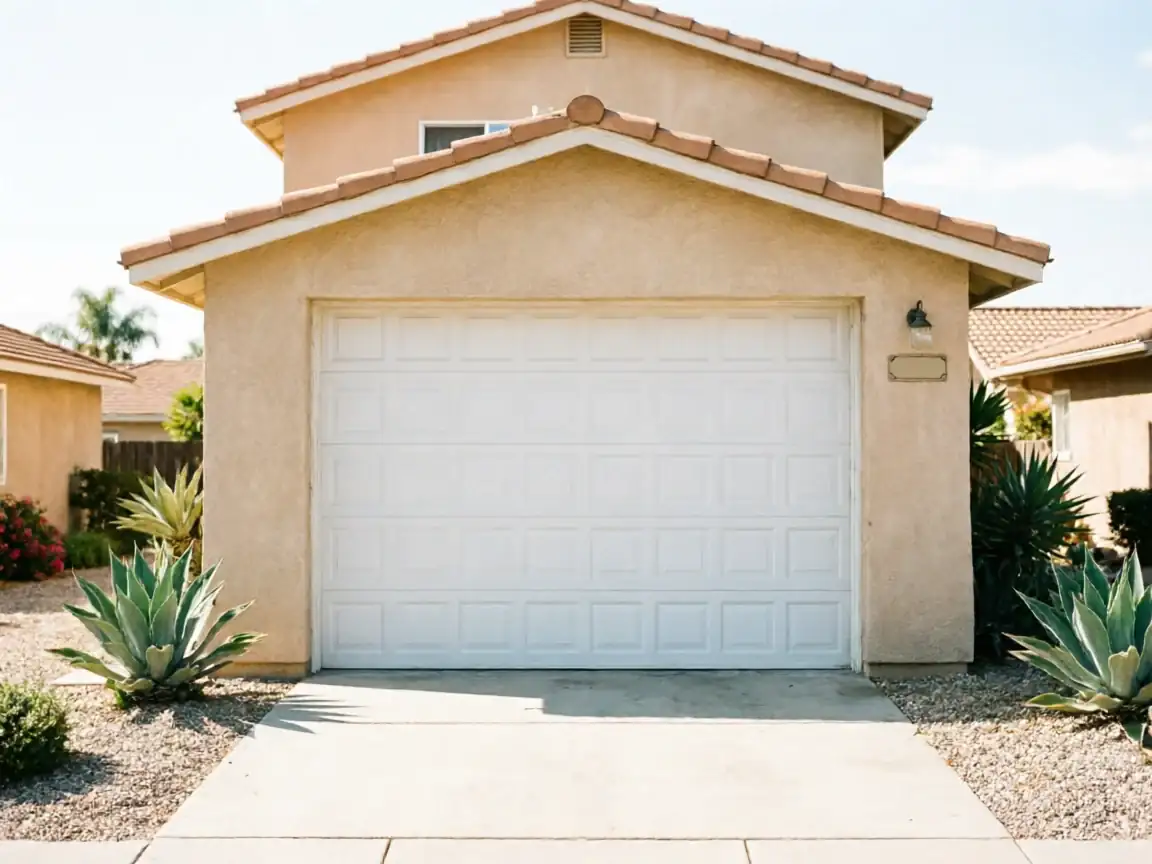 A white paneled garage door is on a stucco house with a tiled roof.