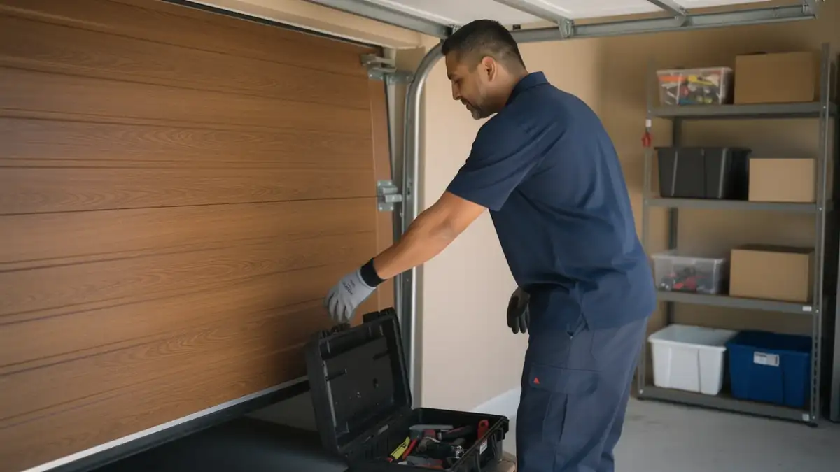 A technician in a blue shirt and gloves reaches into a toolbox next to a garage door.