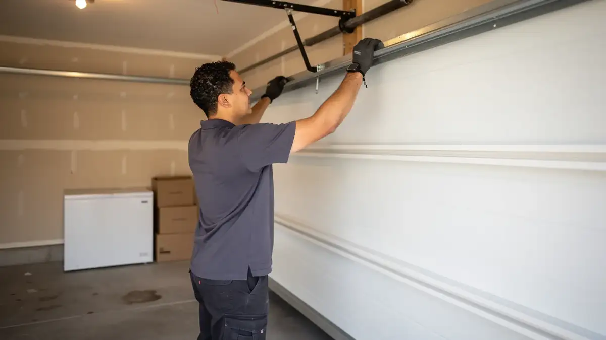 A technician in a gray shirt is adjusting the top panel of a white garage door.