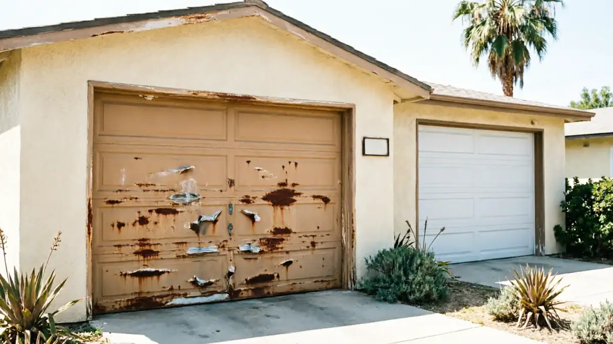 A house with a rusty brown garage door and a clean white garage door.