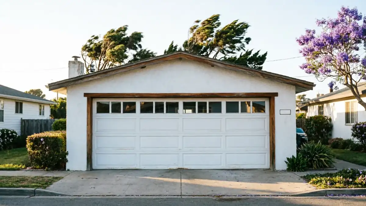 A white garage door with windows on a white house with a brown trim.